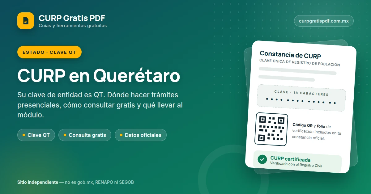 Portada de la guía CURP en Querétaro: clave de entidad QT, oficinas y trámites